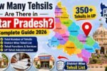 उत्तर प्रदेश में कितनी तहसील हैं 2026 फीचर इमेज जिसमें यूपी का नक्शा, तहसील कार्यालय और 350+ Tehsils in UP जानकारी दिखाई गई है।