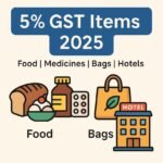 5% GST items list 2025 infographic showing food, medicines, bags, and hotels under new GST rates in India