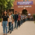 Students standing in line to vote during DUSU Election 2025 at Delhi University campus