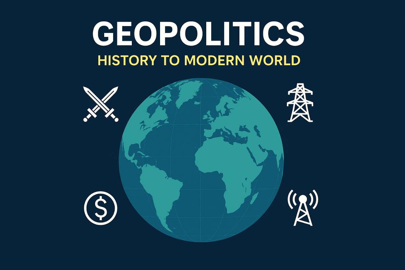 Globe with icons of war, energy, economy, and technology representing geopolitics history and modern world