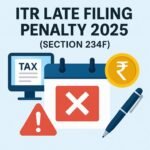 ITR Late Filing Penalty 2025 infographic showing Section 234F rules, due date calendar, rupee symbol, and late fee of ₹1,000 and ₹5,000 for taxpayers