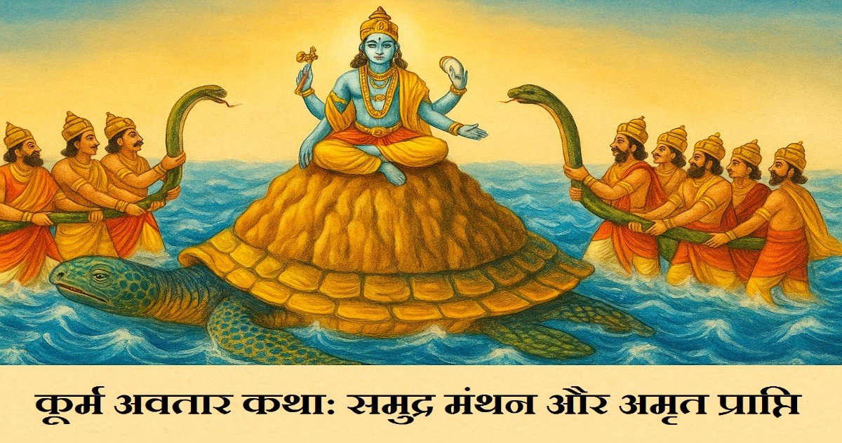 कूर्म अवतार कथा, भगवान विष्णु का कच्छप रूप, समुद्र मंथन और अमृत प्राप्ति का चित्र
