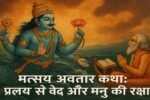 मत्स्य अवतार कथा, भगवान विष्णु का मत्स्य रूप, प्रलय से वेद और मनु की रक्षा का चित्र