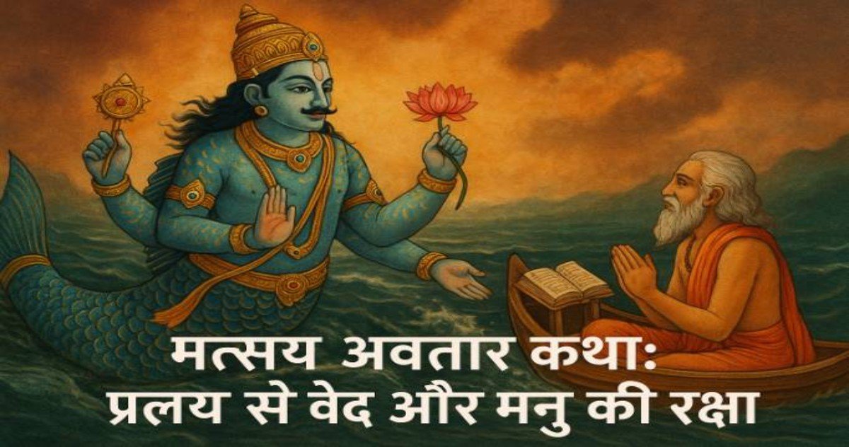 मत्स्य अवतार कथा, भगवान विष्णु का मत्स्य रूप, प्रलय से वेद और मनु की रक्षा का चित्र