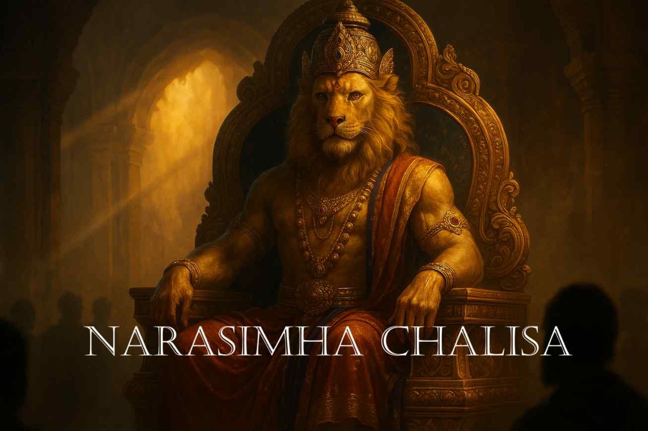 श्री नरसिंह का मंदिरीय चित्र, स्वर्णिम प्रकाश में — नरसिंह चालीसा।