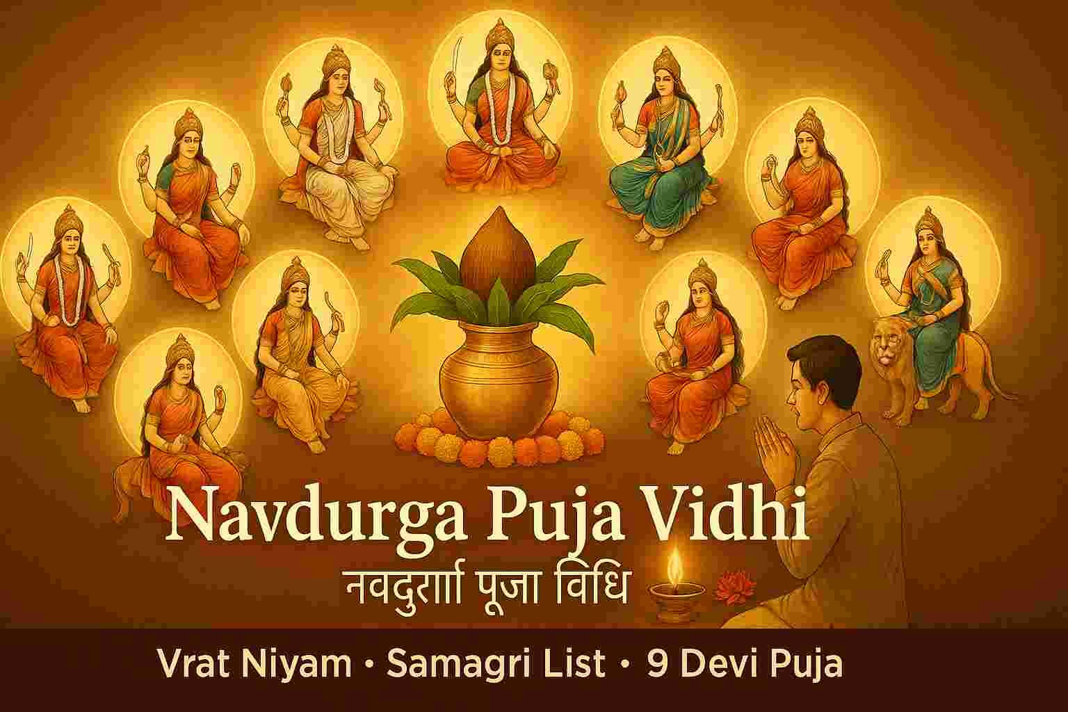 Navdurga Puja Vidhi feature image showing 9 goddess forms (Shailputri to Siddhidatri), kalash, diya and devotee offering prayers with Hindi and English text