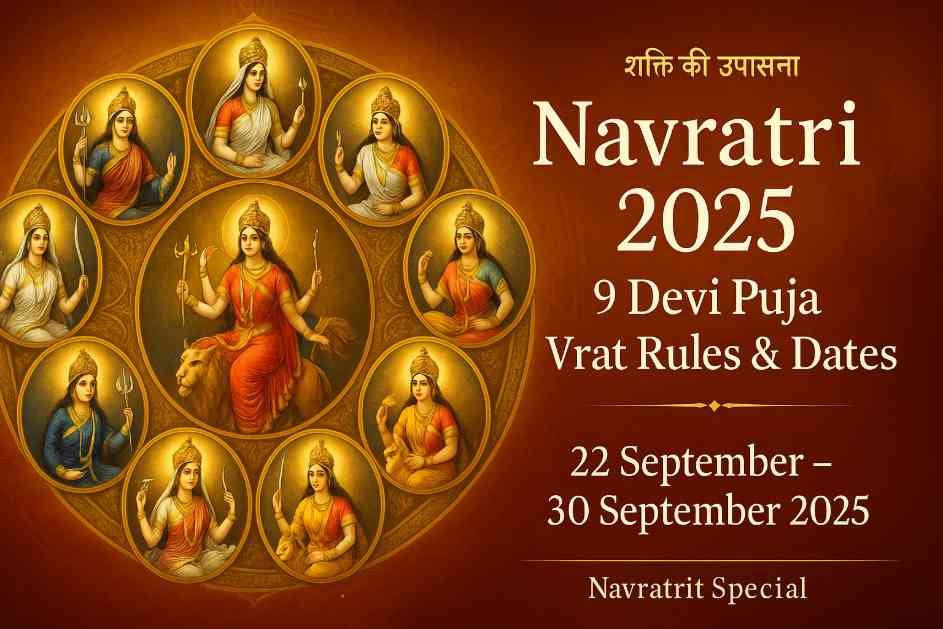 Navratri 2025 feature image showing 9 Goddess (Devi) realistic look with puja dates 22 to 30 September 2025 and vrat rules