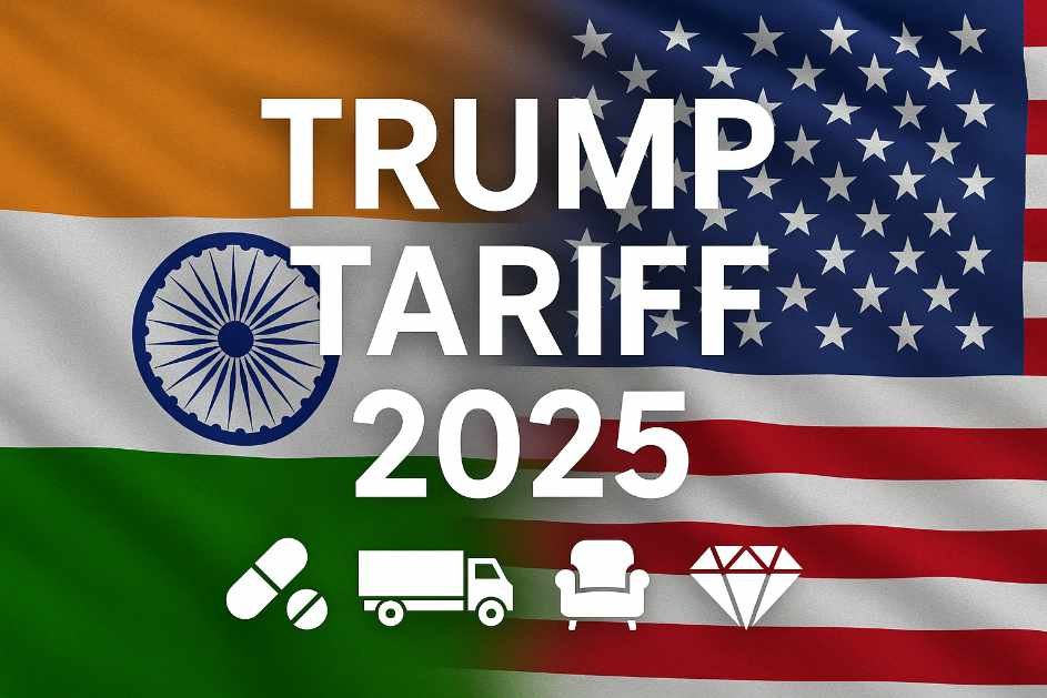 India and USA flags merged with text "Trump Tariff 2025" and icons of pharma, truck, furniture, jewellery showing tariff impact
