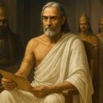 realistic painting of vidur from mahabharata, wise advisor of hastinapur in simple attire, symbol of dharma and justice