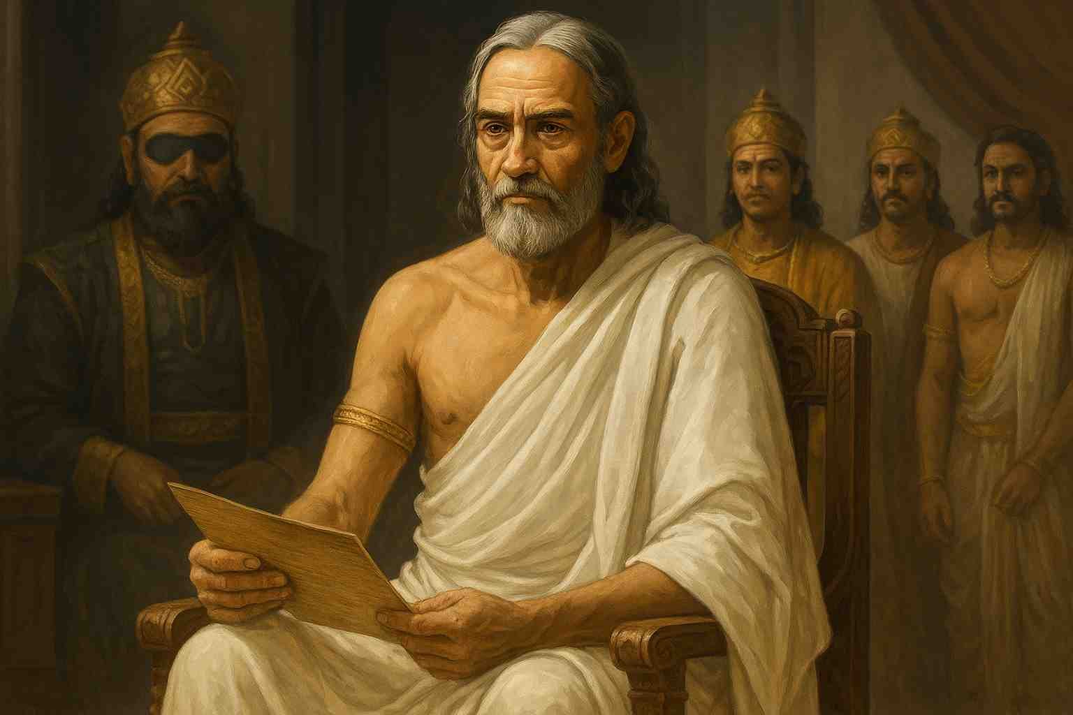 realistic painting of vidur from mahabharata, wise advisor of hastinapur in simple attire, symbol of dharma and justice