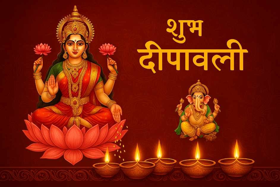 दीवाली पर लक्ष्मी और गणेश जी की पूजा करते हुए घर में दीप जलाते हुए परिवार – दीपावली