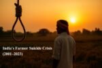 An Indian farmer standing in the field at sunset with a symbolic rope loop, representing India's farmer suicide crisis 2001–2023.