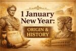 Illustration showing Julius Caesar and Roman god Janus explaining the origin of New Year on 1 January