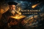 Nostradamus holding an ancient prophecy book with glowing symbols and cosmic background representing the myth of 2026 predictions