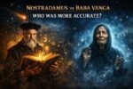 Comparison illustration of Nostradamus and Baba Vanga representing historical and modern prophecies