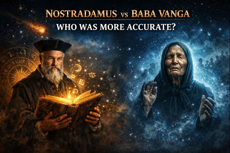 Comparison illustration of Nostradamus and Baba Vanga representing historical and modern prophecies