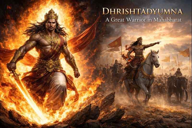 Dhrishtadyumna, son of King Drupada, born from yajna fire and leading the Pandava army in the Kurukshetra war