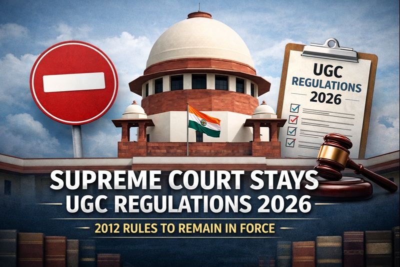 Supreme Court building with stop sign showing stay on UGC Regulations 2026 and continuation of 2012 rules in India