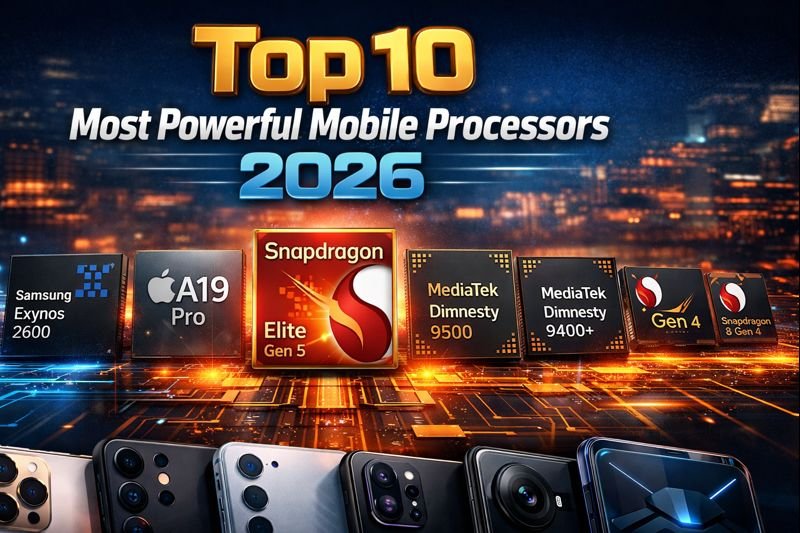 Top 10 most powerful mobile processors of 2026 featuring Snapdragon, Apple A19 Pro, Exynos 2600 and MediaTek Dimensity chipsets.