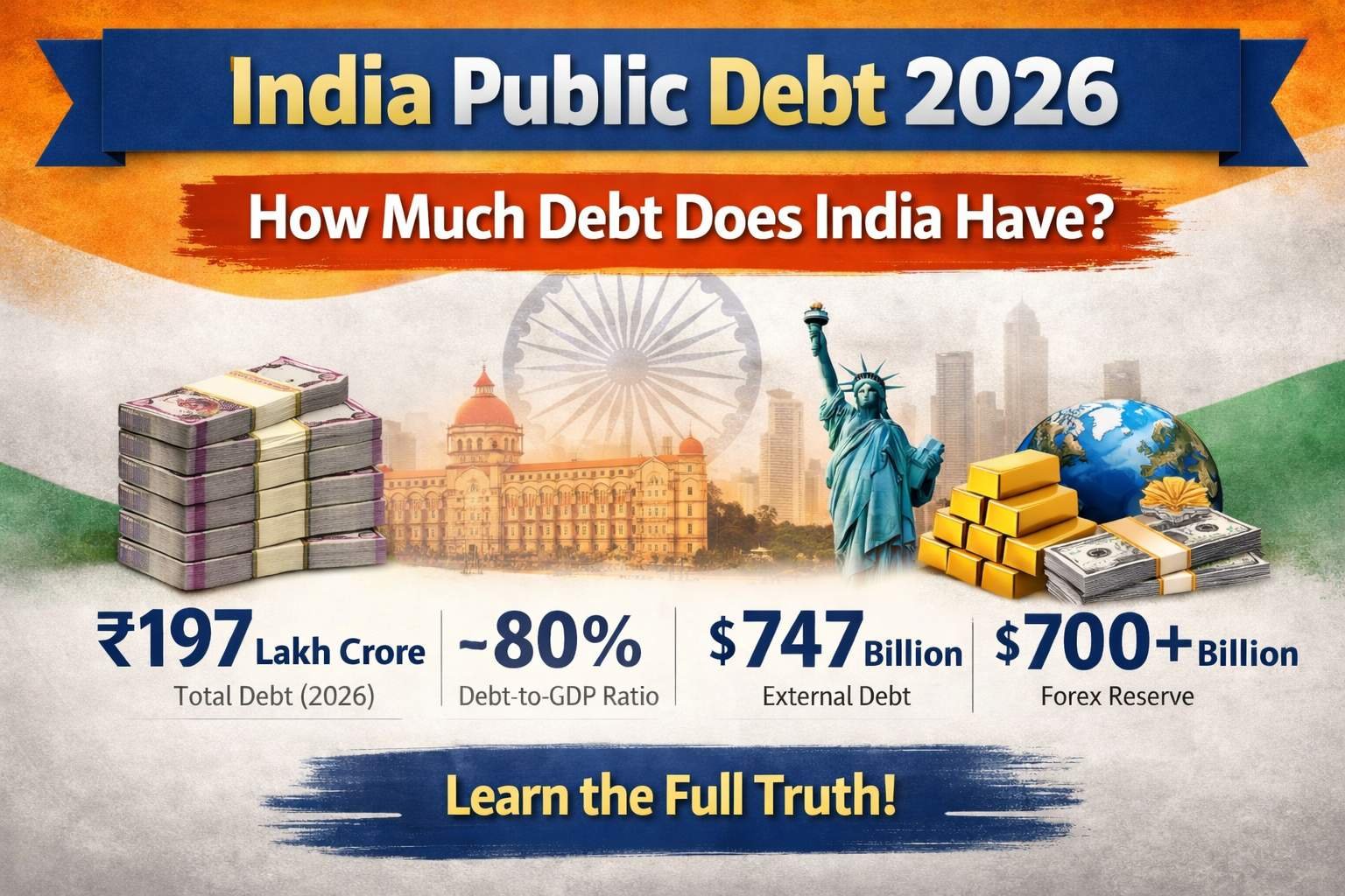 India Public Debt 2026 infographic showing total debt ₹197 lakh crore, debt to GDP ratio 80 percent, external debt 747 billion and forex reserves 700 billion
