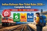 Indian Railways new ticket rules 2026 showing Confirm, Waitlist (WL), and RAC status with train and passenger at railway station