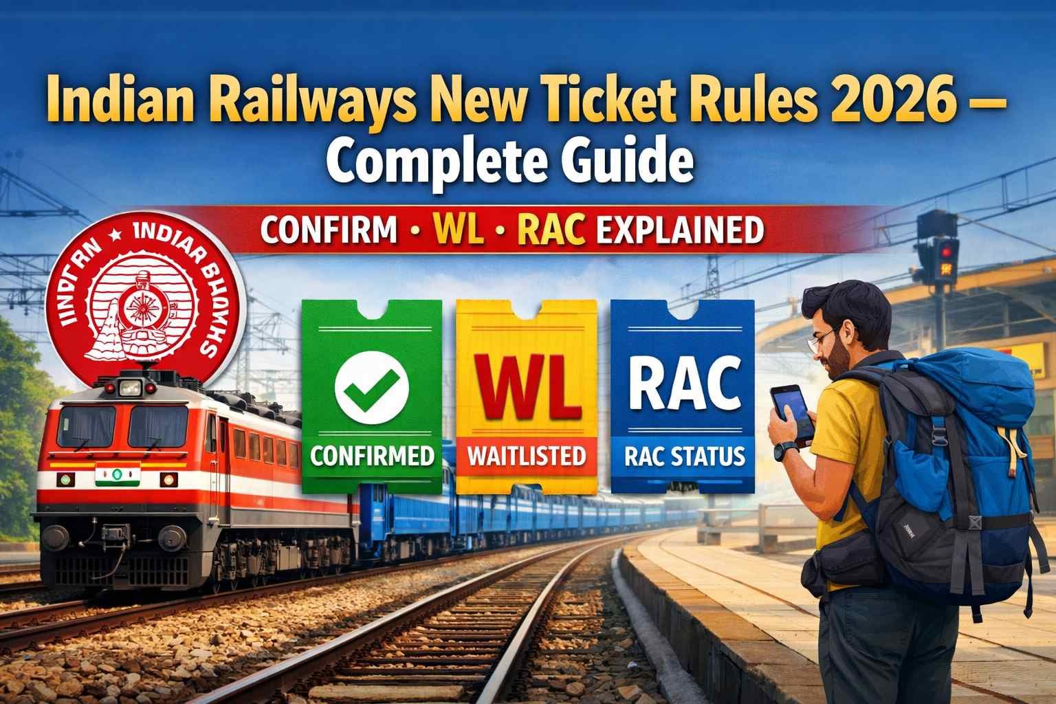 Indian Railways new ticket rules 2026 showing Confirm, Waitlist (WL), and RAC status with train and passenger at railway station
