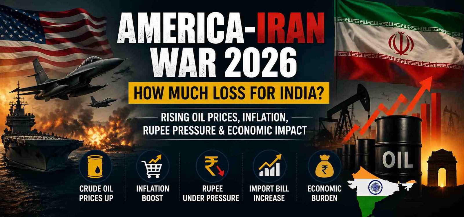 America-Iran War 2026 and its impact on India's economy, including rising oil prices, inflation, import bill increase, and economic pressure.