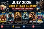 July 2026 movie release calendar featuring Bollywood, South Indian, and Hollywood movies including Dhamaal 4, Alpha, Vishwambhara, The Odyssey, Raftaar, and Side Heroes.