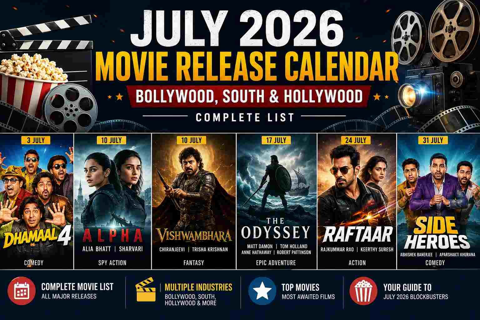 July 2026 movie release calendar featuring Bollywood, South Indian, and Hollywood movies including Dhamaal 4, Alpha, Vishwambhara, The Odyssey, Raftaar, and Side Heroes.