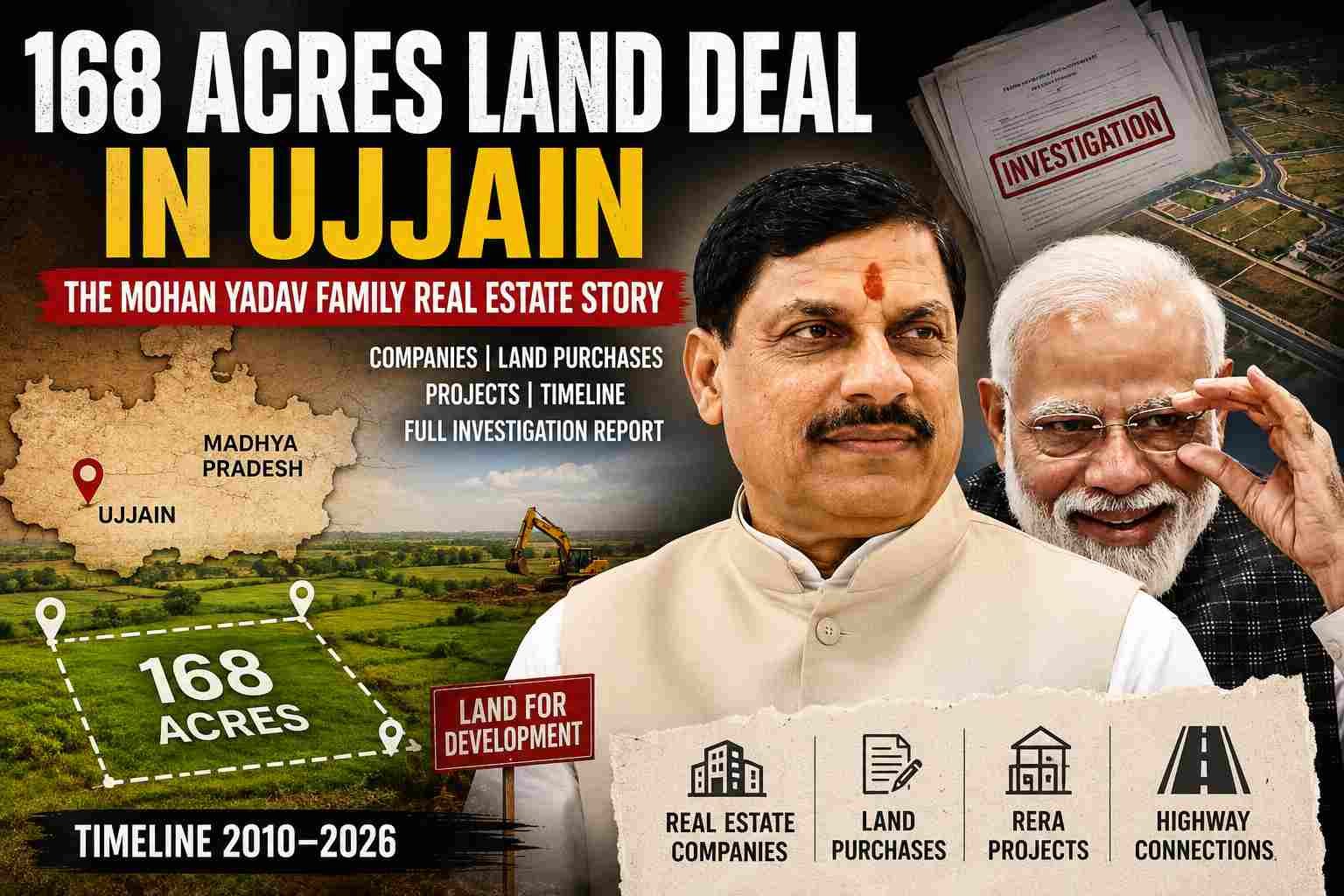 Mohan Yadav family 168 acres land deal investigation in Ujjain featuring real estate companies, land purchases and highway development timeline