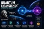Futuristic Quantum Entanglement illustration showing connected particles, Einstein, quantum internet and advanced quantum technology