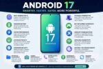 Android 17 features infographic showing AI improvements, better battery life, enhanced privacy, gaming optimization, foldable support, and performance upgrades.