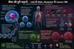Human body showing healthy cells, DNA structure, DNA mutation, cancer cell formation, tumor growth and cancer development explained through an educational infographic in Hindi.