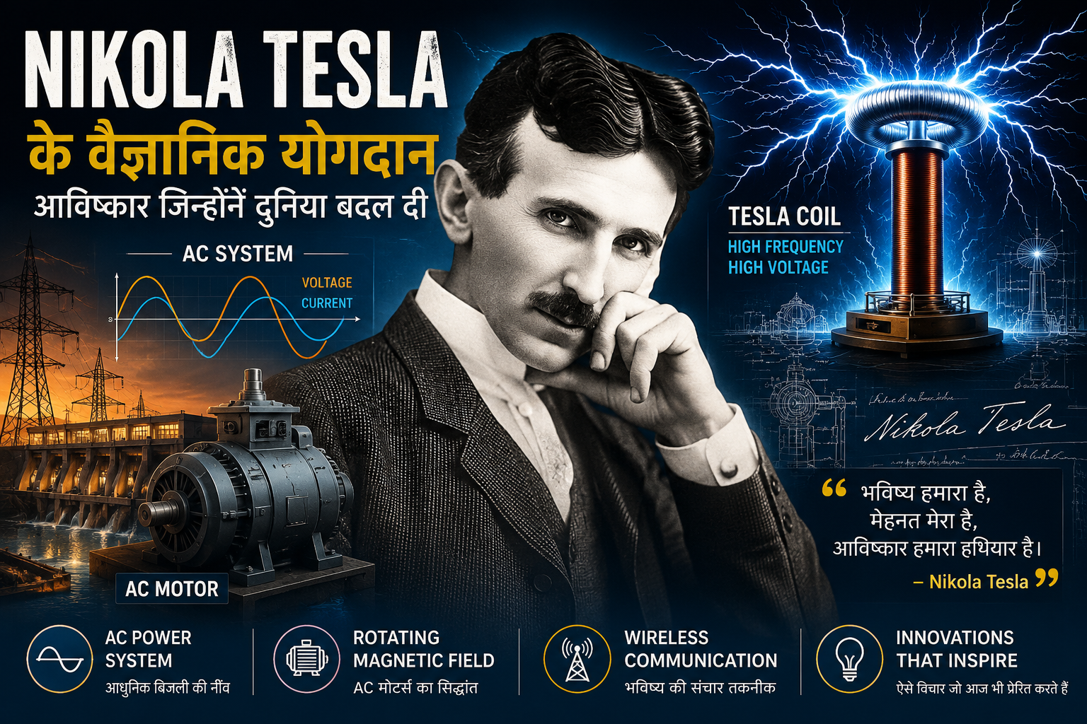 Black and white portrait of Nikola Tesla highlighting his scientific contributions including AC System, Tesla Coil, Rotating Magnetic Field and modern electrical technology.