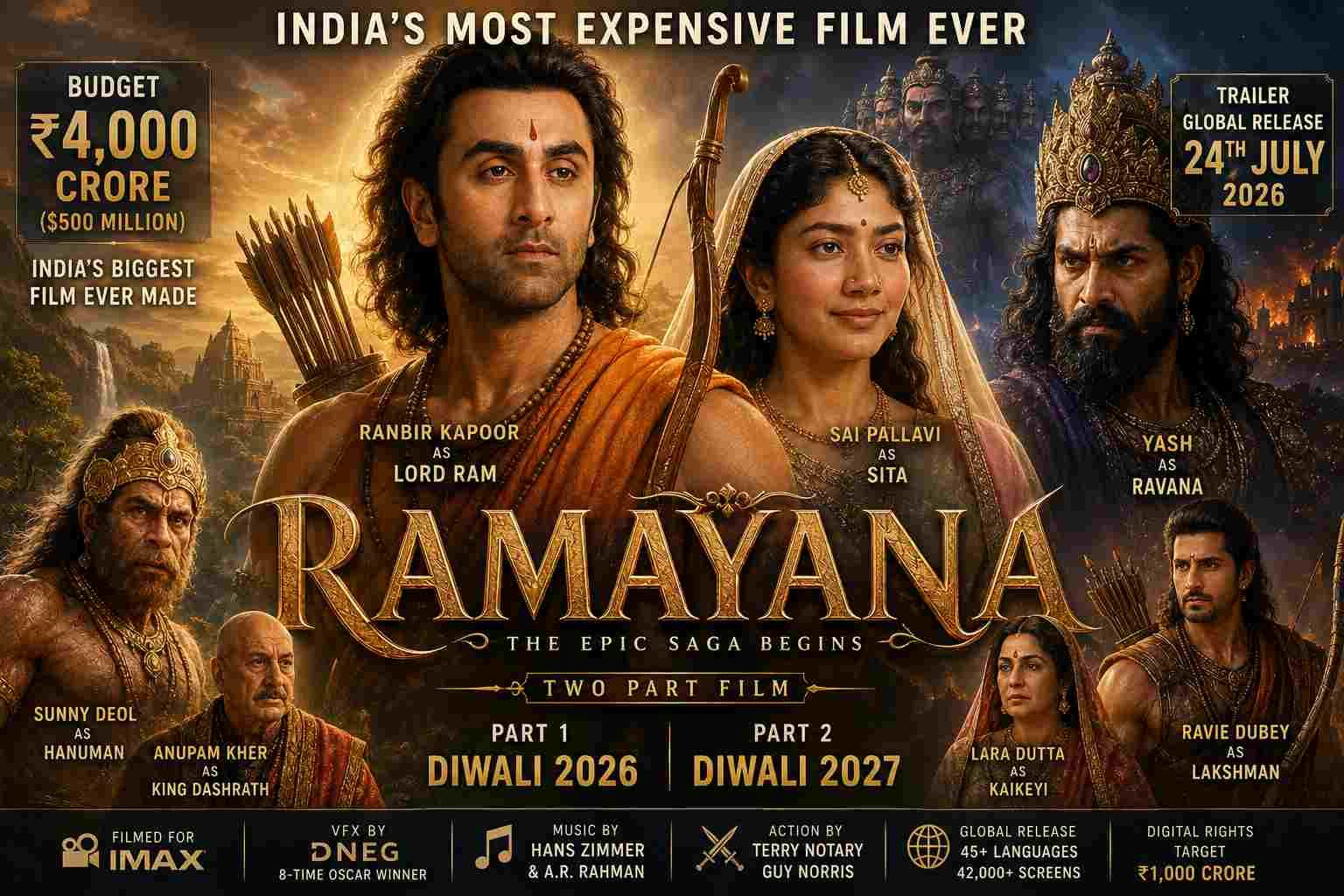 Ramayana 2026 feature image featuring Ranbir Kapoor as Lord Ram, Sai Pallavi as Sita, Yash as Ravana, Sunny Deol as Hanuman and Anupam Kher as King Dashrath тАУ India's most expensive film.