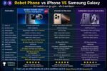Robot Phone vs iPhone vs Samsung Galaxy comparison showing AI camera, gimbal camera, battery, display and performance features.