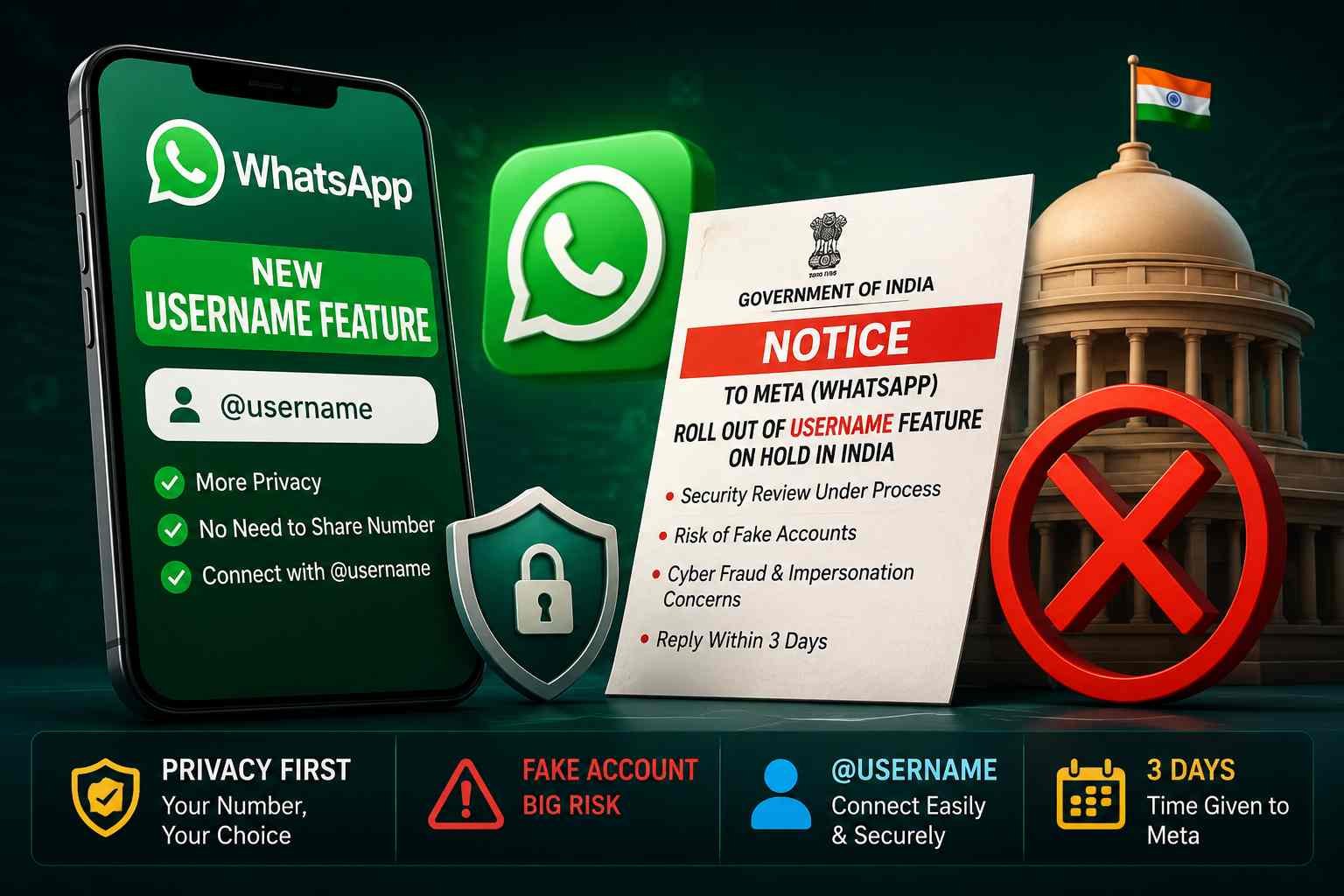 WhatsApp Username Feature with India Government notice, security shield, red cross sign and WhatsApp logo representing the 2026 rollout review.