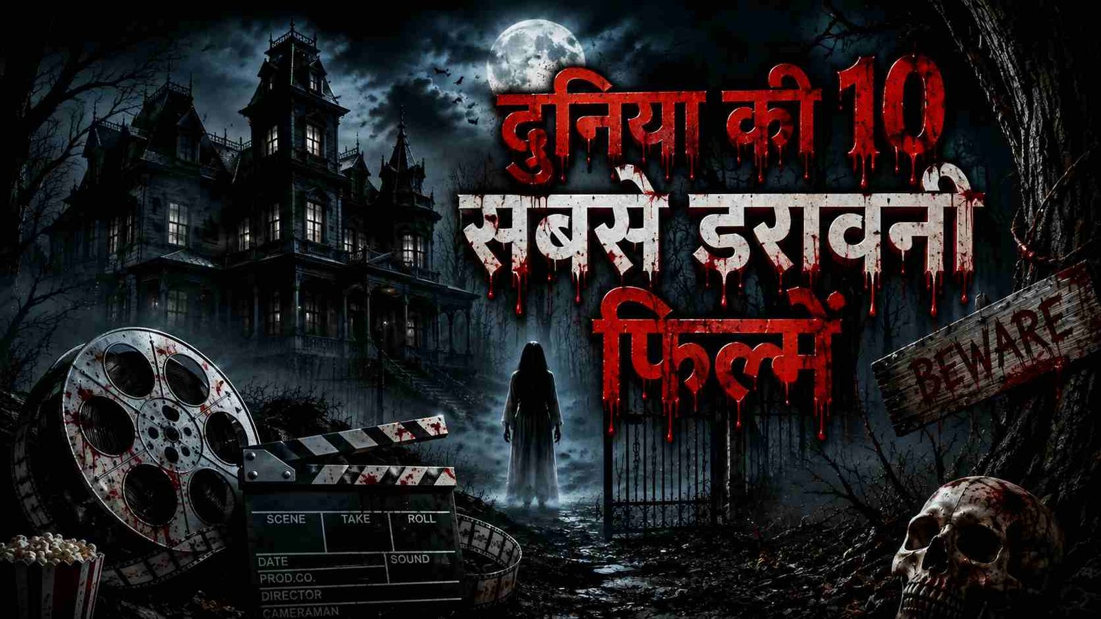 दुनिया की 10 सबसे डरावनी हॉरर फिल्मों का पोस्टर जिसमें भूतिया हवेली, डरावना माहौल और रक्तरंजित टेक्स्ट दिखाया गया है।