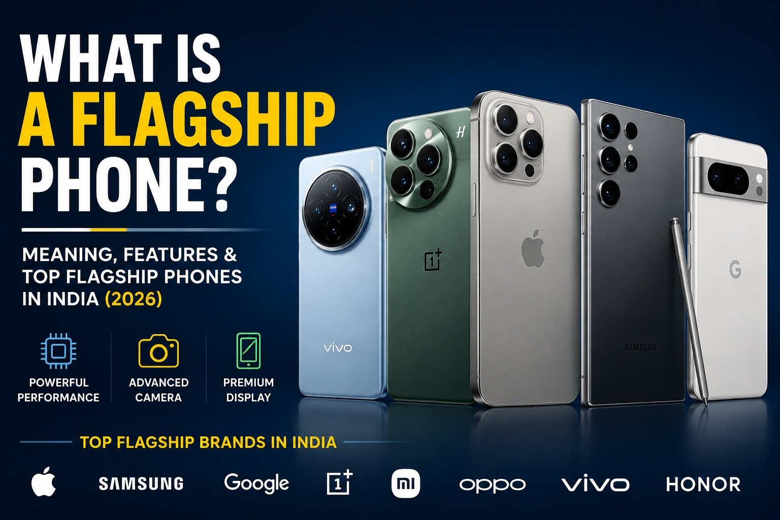 Feature image showing premium flagship smartphones from top brands with the text "What Is a Flagship Phone?" and highlighting the best flagship phones available in India.